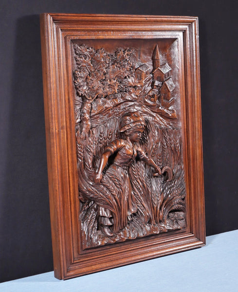 Antique French Solid Walnut Wood Highly Carved Panel w/Woman Harvesting Wheat