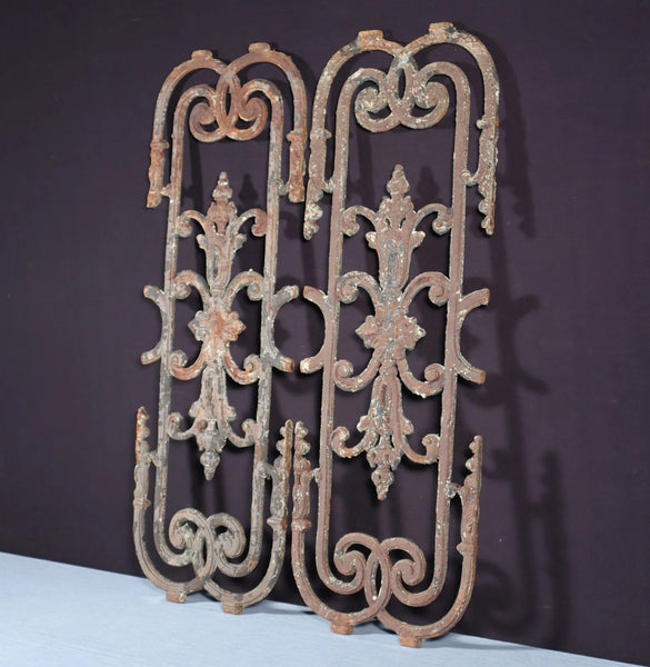 32" Tall Pair of Large French Antique Cast Iron Window Grilles Panels