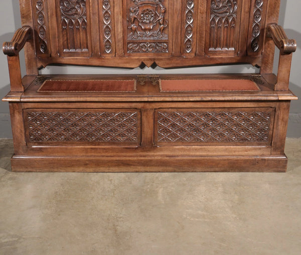 Antique French Gothic Revival Walnut Wood Bench/Settee/Chair Highly Carved