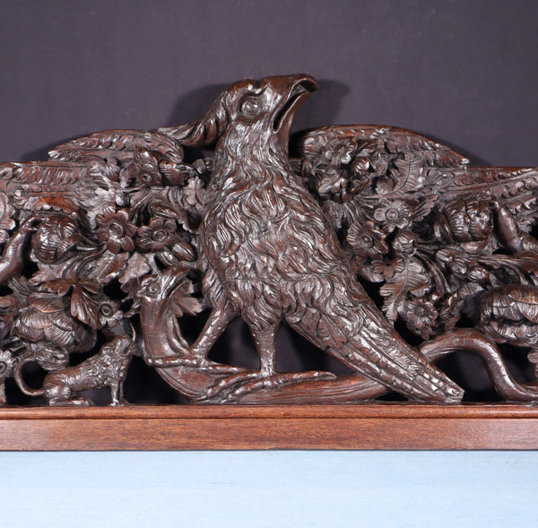 62" Wide XL Antique French Solid Oak Wood Highly Carved Crest with Bird