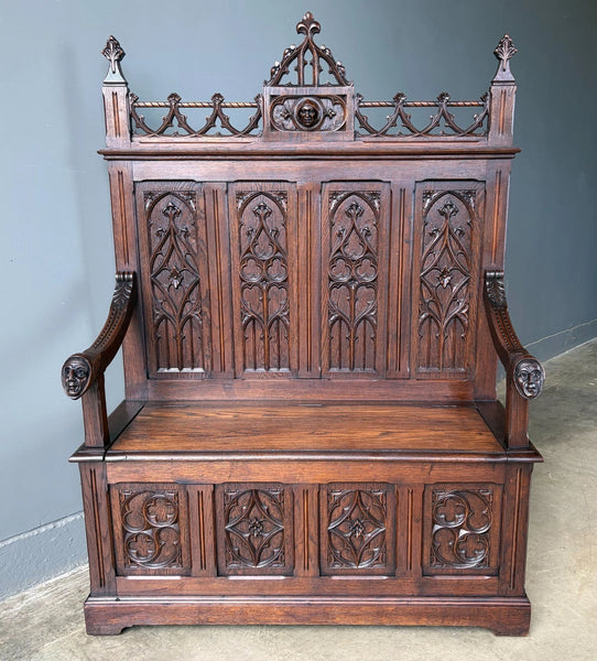 Antique French Gothic Revival Oak Wood Bench/Settee/Chair Highly Carved