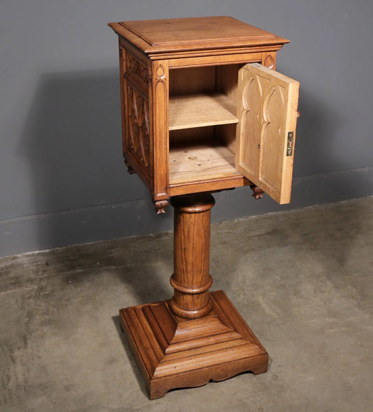 Vintage French Gothic Revival Stand, Cabinet, End Table Highly Carved Oak Wood