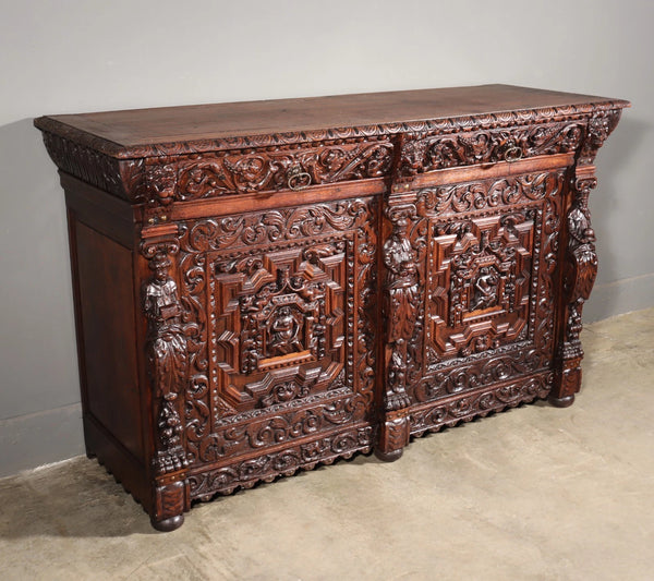 1700's Antique French Renaissance Sideboard in Solid Wood Oak Highly Carved