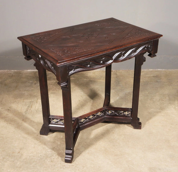 Antique French Gothic Revival Table in Solid Chestnut Wood With Carvings