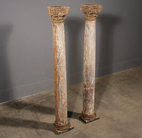 Antique French Solid Oak Highly Carved Corinthian Fireplace Side Pillars Rustic