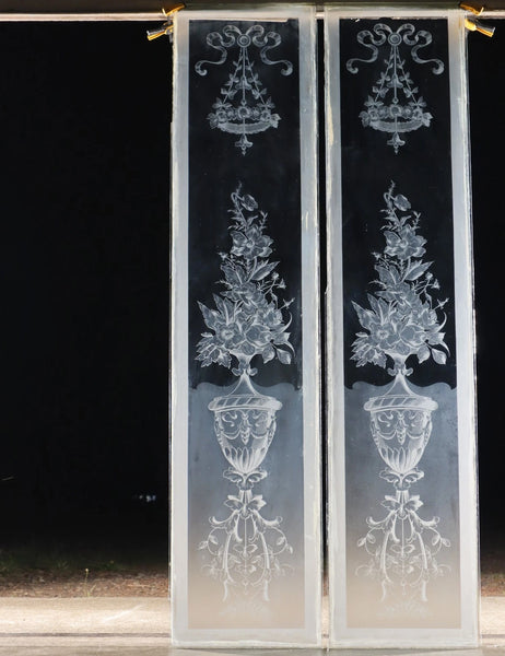 56" Tall Pair of Antique French Etched Glass Windows Frosted Glass with Flowers
