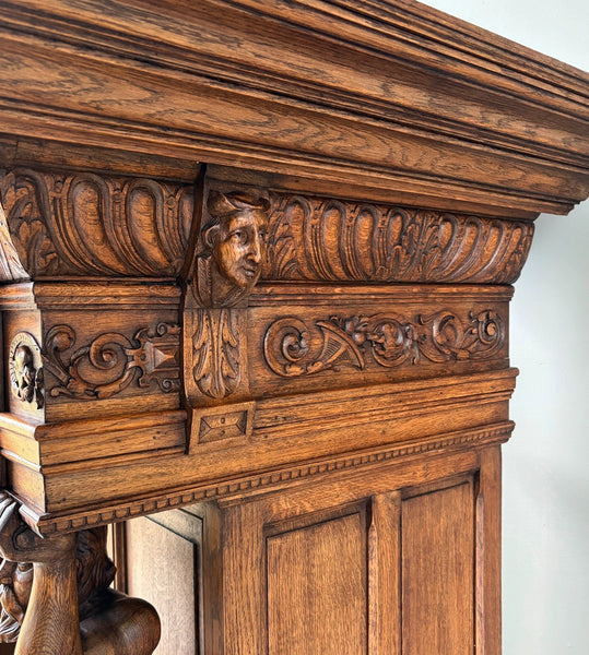 XL Vintage Renaissance Revival Oak Fireplace Surround/Mantel w/Carved Figures
