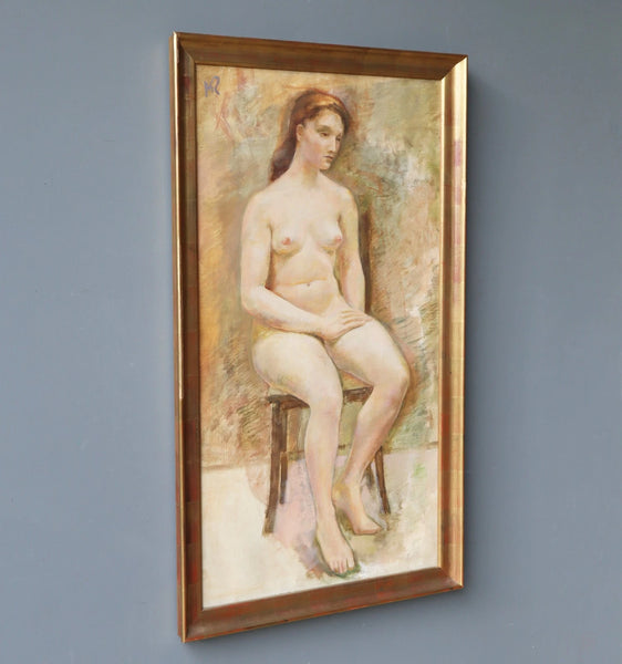 Large Framed Vintage Oil on Canvas Painting of a Nude Woman