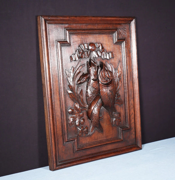 24" Tall French Antique Solid Oak Panel Highly Carved Hunting Theme with Fish