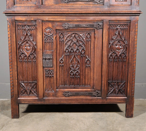 63" Tall Antique French Gothic Revival Cabinet Highly Carved in Solid Oak Wood
