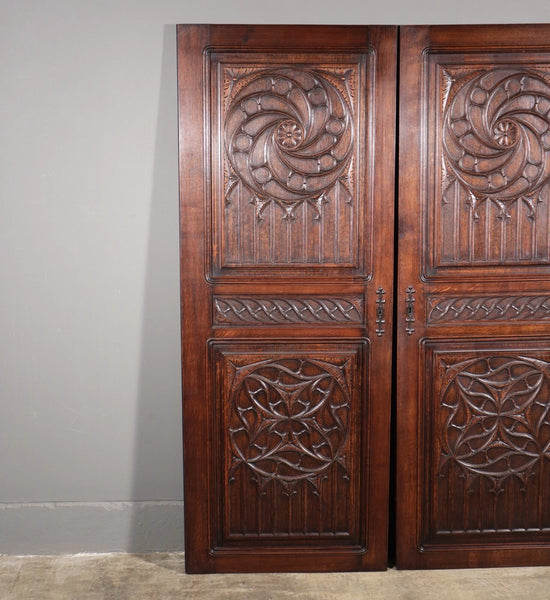 64" Tall Pair of French Antique Neo Gothic Cabinet Doors Solid Oak Wood