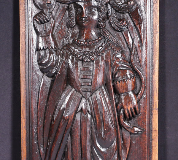 26" Antique French Solid Walnut Wood Panel Highly Carved, Woman with a Mirror