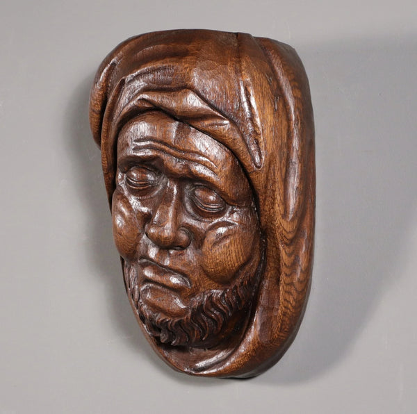 11" Tall Large Vintage Decorative Highly Carved Face/Head in Solid Oak Wood