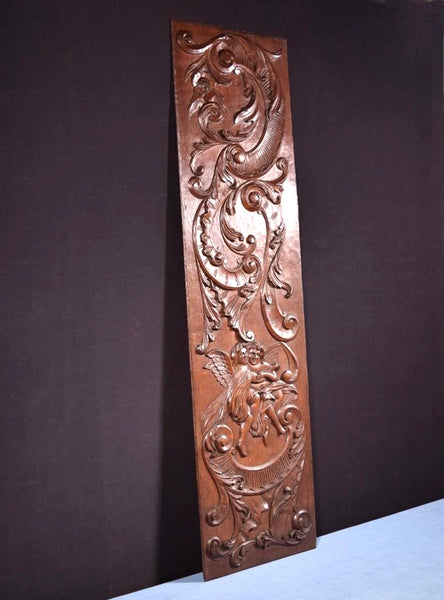 49" Tall French Antique Deep Carved Louis XV Panel Solid Oak Wood with Cherubs