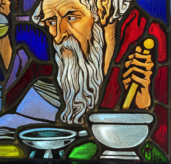 13" Tall Vintage Belgian Stained/Leaded Glass Panel Of an Alchemist by AR 1956