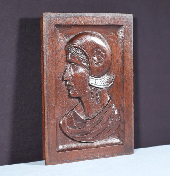 12" Tall Antique French Solid Oak Wood Hand Carved Portrait Profile of a Woman