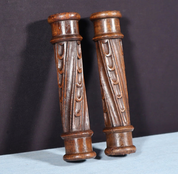 Pair of Antique French Gothic Revival Posts Carved Solid Chestnut Wood