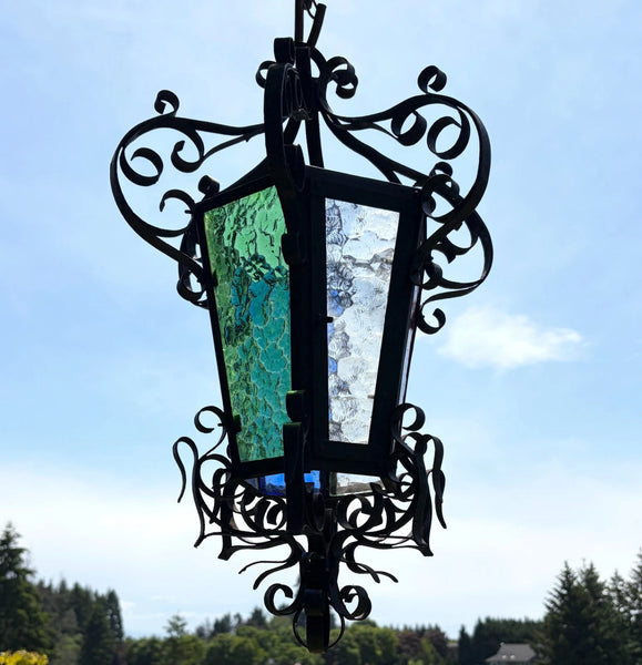 25" Tall French Antique Iron and Stained Glass Hanging Chandelier/Pendant Lamp