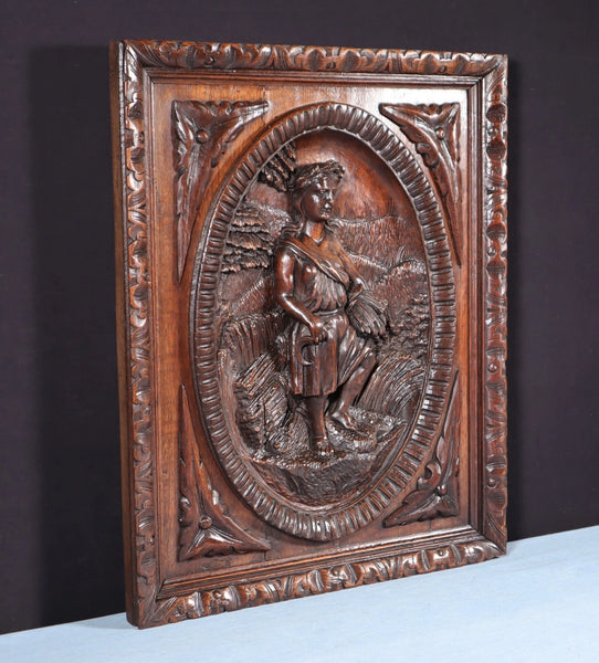 24" Tall Antique French Solid Oak Panel Highly Carved Harvest Theme w/Woman