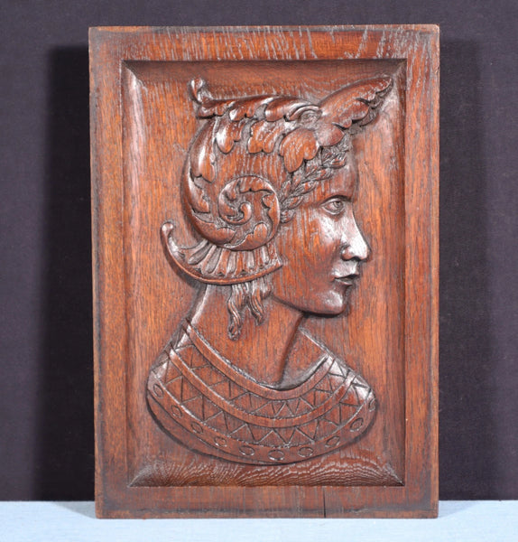 12" Tall Antique French Solid Oak Wood Hand Carved Portrait Profile of a Woman