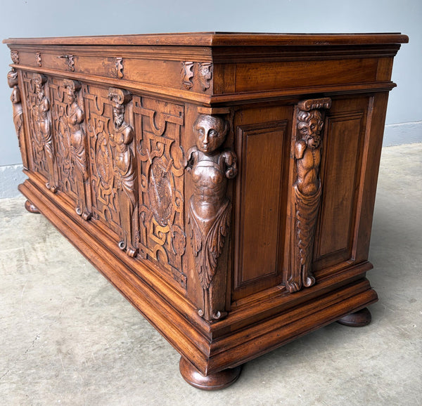 Antique French Renaissance Chest/Trunk/Sideboard Solid Walnut Detailed Carvings