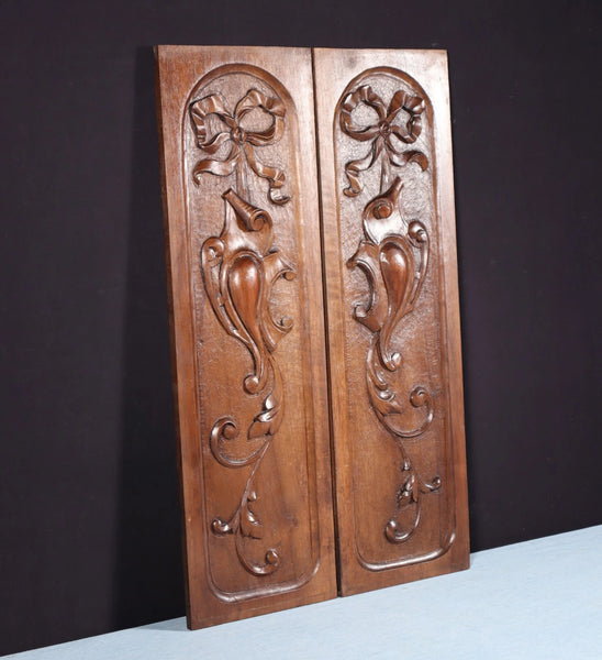 Pair of French Antique Solid Walnut Highly Carved Panels with Intricate Designs
