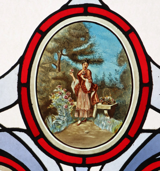 38" Tall Large Antique French Art Nouveau Stained/Leaded Glass Panel 4 Seasons