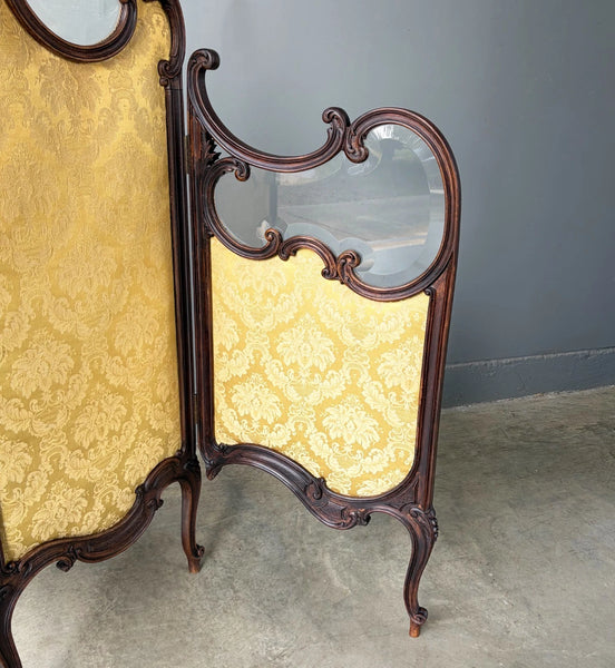 61" Tall Antique French Louis XV Rococo Tri-Fold Screen with Beveled Glass