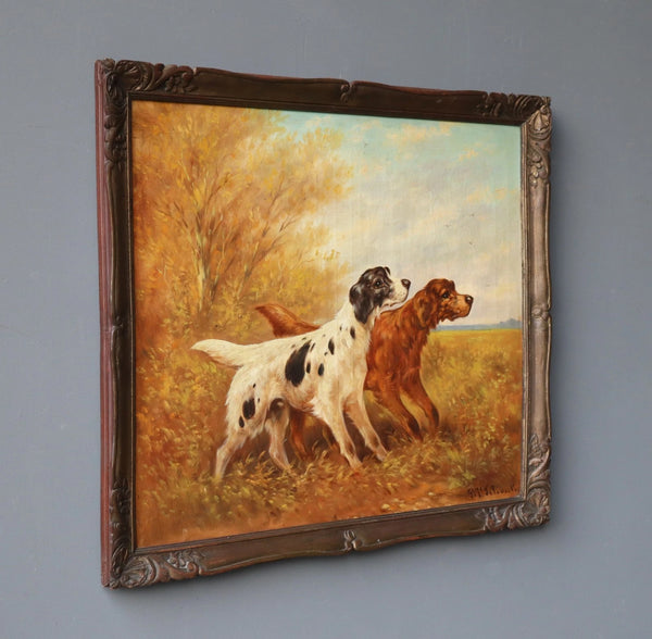 28" Wide Antique Oil Painting of Two Hunting Dogs By Paul Schouten (1860-1922)