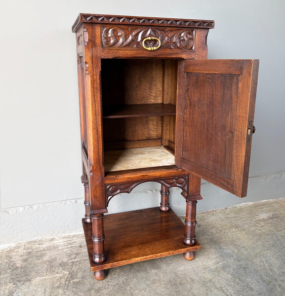 Antique French Gothic Solid Walnut Night Stand/Cabinet With Detailed Carvings