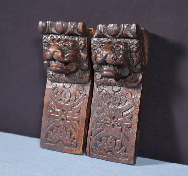 Pair of 8" French Antique Highly Carved Lion Corbels/Trim/Brackets Solid Oak
