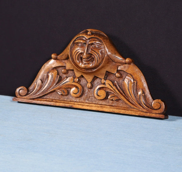 9" Wide French Antique Solid Walnut Wood Highly Carved Crest w/Jester
