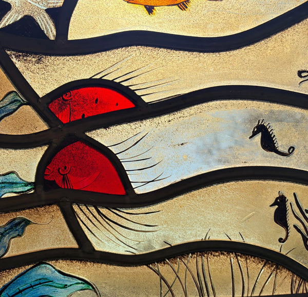 Vintage Dutch Stained/Leaded Glass Panel by Lea Steppe Sea Life Themed