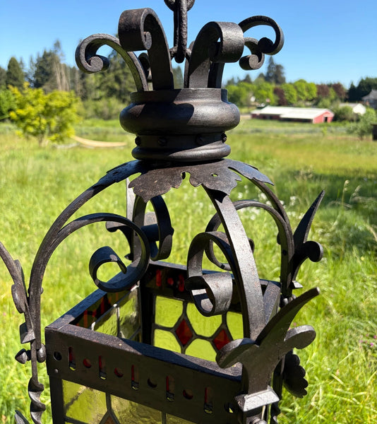 27" French Antique Gothic Iron & Stained Glass Hanging Chandelier/Pendant Lamp
