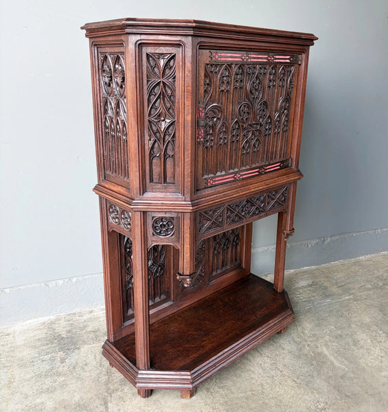 Antique French Gothic Revival Cabinet/Console/Sideboard,Highly Carved Oak Wood