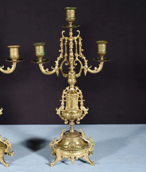 19" Tall Pair of Antique French Gilded Bronze Candelabra Candlesticks