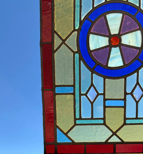 27" Tall French Antique Religious Stained/Leaded Glass Panel from a Church