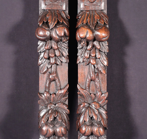 26" Pair of French Antique Solid Oak Wood Highly Carved Wood Lion Trim Posts