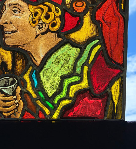 13" Tall Vintage Belgian Stained/Leaded Glass Panel of a Man with Bells