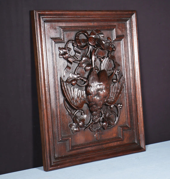 24" Tall French Antique Solid Oak Panel Highly Carved Hunting Theme with Bird