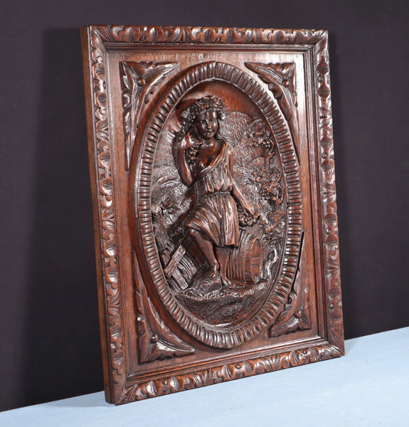 24" Tall Antique French Solid Oak Panel Highly Carved Harvest Theme w/Woman