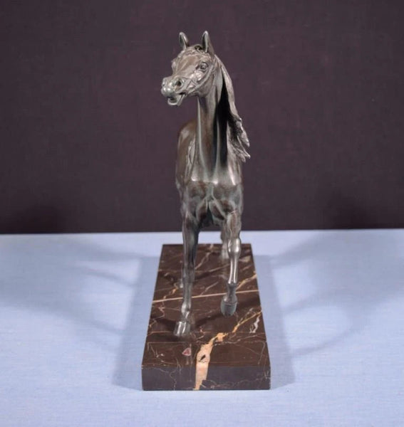 12" Tall Antique French Spelter Life Like Horse Statue with Black Marble Base