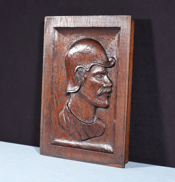 12" Tall Antique French Solid Oak Wood Hand Carved Portrait Profile of a Man