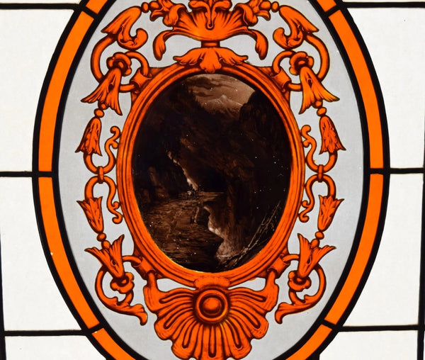 Brass Framed Antique French Stained Glass Panel with Mountain Pass Scene