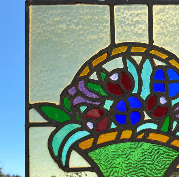 15" Tall Antique French Art Deco Stained/Leaded Glass Panel of Flowers