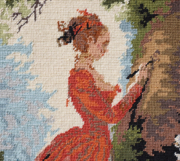 Vintage French Framed Needle Point of Fragonard's "Le Chiffre D'amour"
