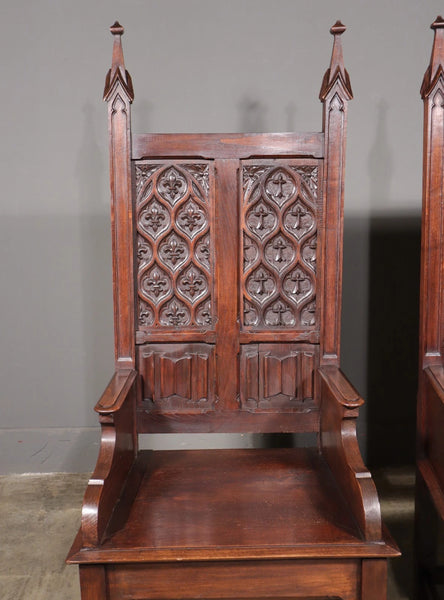 Large Pair of Antique Gothic Arm/Throne Chairs Solid Chestnut Hand Carved Wood