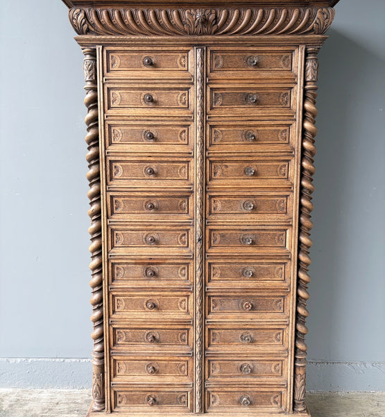77" Tall Antique French Apothecary Cabinet Solid Oak Carved with Compartments