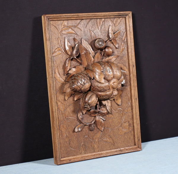 14" Tall French Antique Solid Oak Panel Highly Carved Harvest Theme