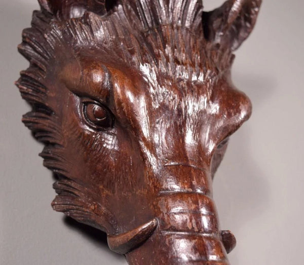 Large 10" Antique Decorative Carved French Hunting Boar's Head in Solid Walnut